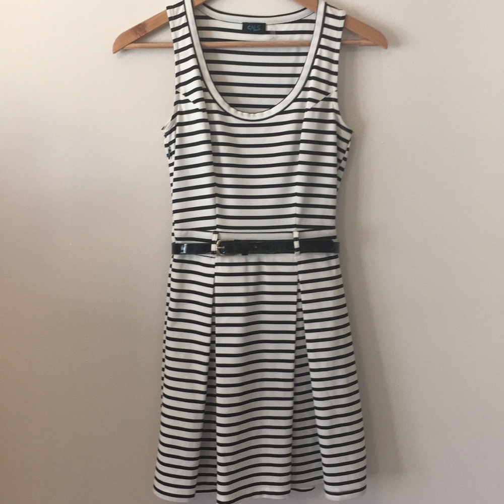 White and black striped belted dress
